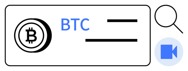 Cryptocurrency, blockchain, digital payments, secure transactions, virtual currency, online verification. Bitcoin logo and BTC text framed with magnifying glass and video icon. Cryptocurrency
