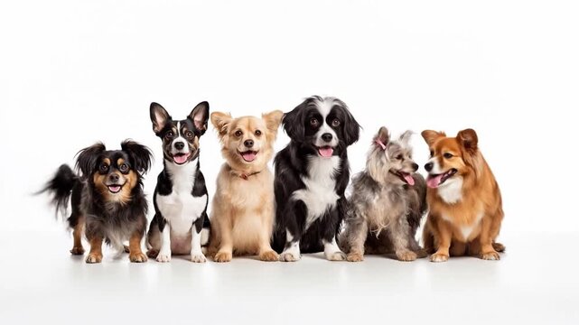 Dogs different breeds on white. Pets sitting on white background and looking at camera. Generative AI