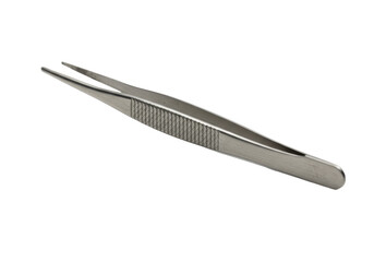 Professional surgical steel tweezers with a knurled grip and sharp tips isolated on a white background with copy space. Concept of clinical precision and quality