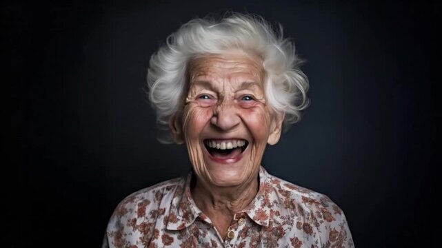 Funny looking very old senior woman with messy grey hair laughing loudly feeling overjoyed and positive. Generative AI