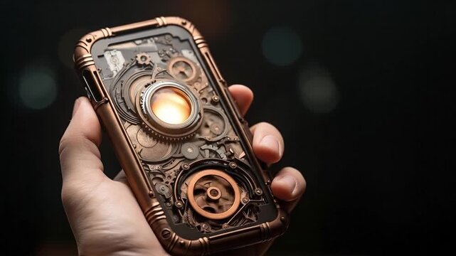 Human hand holding old mobile phone in steam punk engineering style with mechanical gear cogwheels design. Generative AI