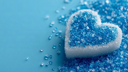 Fototapeta premium A heart-shaped object covered in blue crystals on a blue background