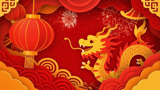 Paper cut golden dragon flying on a festive red background with lanterns and clouds. Lunar New Year celebration art.