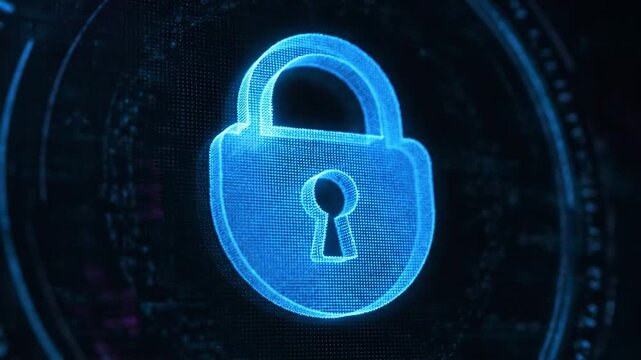 Lock icon forms with blue glowing particles, digital security concept, data protection padlock animation