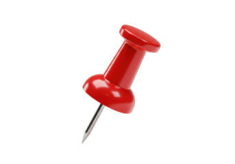 highly detailed pushpin with a glossy red plastic head and polished silver spike, angled 45 degrees on a brilliant white studio background. concept of strategic focus and mapping