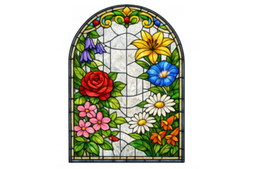 Stained glass window with vibrant floral designs, arched decorative religious artwork, colorful flower pattern on transparent background