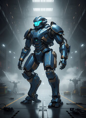 Fototapeta premium Futuristic Combat Mech Robot Standing in Industrial Hangar with Blue Armor and Glowing Visor