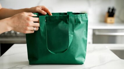 Green Reusable Shopping Bag on Countertop