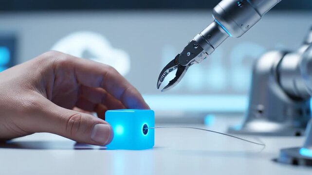 Human hand guides robot arm manipulating a glowing cube with a wire on a clean surface in a futuristic setting.