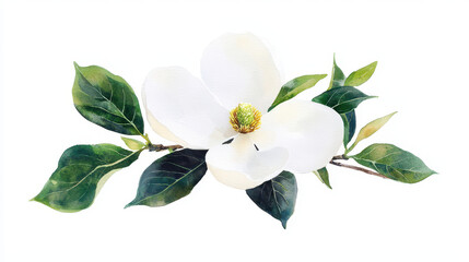 Obraz premium Beautiful watercolor art of large magnolia flower with green leaves, showcasing elegance and natural beauty