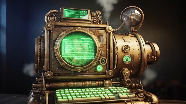 Steampunk style computer with different brass cogwheel parts, monitor and keyboard placed on wooden table. Vintage futuristic technology, mysterious fiction. Generative AI