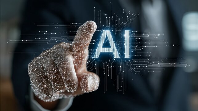 Business person's network hand activating glowing artificial intelligence digital interface - Powered by Adobe