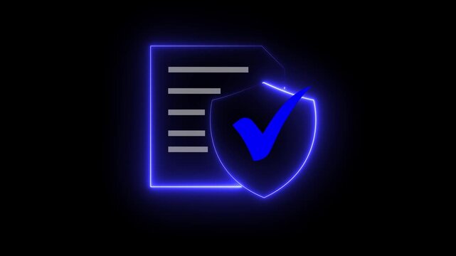 Secure protection concept with document and shield icon conveying safety and confidentiality trust through protection against loss or access neon glow animation on a black background