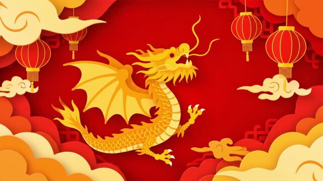 Paper cut golden dragon flying on a festive red background with lanterns and clouds. Lunar New Year celebration art.