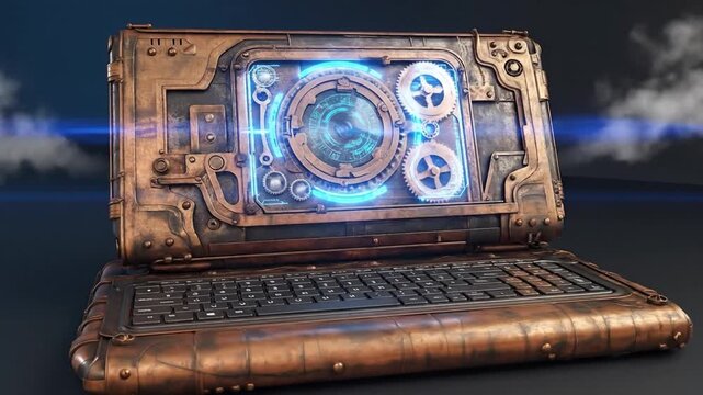 Steam punk style laptop computer digital device. Metallic gadget with mechanical gear part made from brass. Generative AI