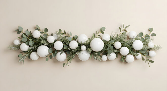 Minimalist Christmas garland featuring white baubles, pine branc