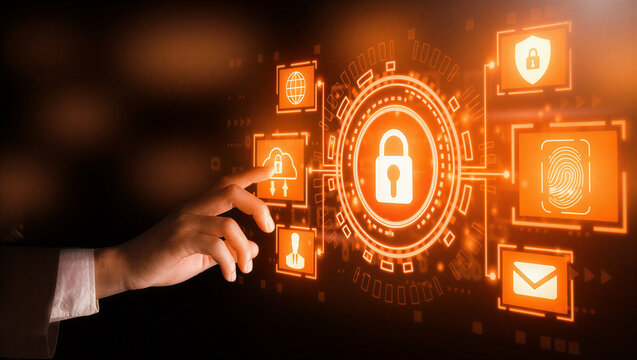 Cyber security and data protection concept with hand and glowing orange icons on dark background - Powered by Adobe