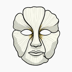 Flat illustration of  sheet face mask shaped like blooming white flower, naive style. Minimal design for skincare, wellness or self-care branding with copy space