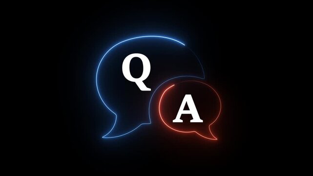 Glowing neon Question and Answer icon animation on black background. Q and A symbol quiz problem solution