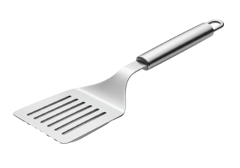 A flawless brushed stainless steel slotted spatula on a transparent background with professional studio lighting. Concept for high-quality kitchenware advertising