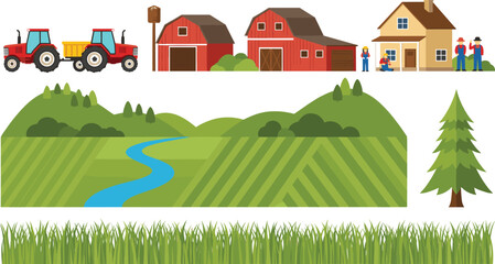 Naklejka premium Farm Landscape Vector Set with Barns, Tractor, Farmers, Countryside Hills, River, Trees, and Grass Elements for Agriculture Illustrations