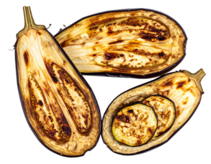 Roasted Eggplant Halves and Rounds with Burnt Edges, Rustic Cooking Style Set, Isolated 