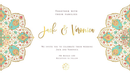 Invitation card design with vector mandala pattern. Ornamental floral frame. Vintage ornament card. Gold, Luxury wedding invitation