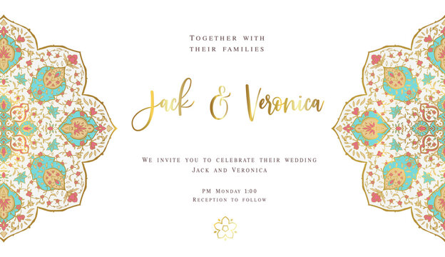 Invitation card design with vector mandala pattern. Ornamental floral frame. Vintage ornament card. Gold, Luxury wedding invitation