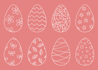 Vector set of cute Easter eggs with white outline ornaments. Hand drawn doodle spring holiday decoration on pink background.