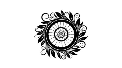 Black and white circular floral decorative element with leaves and swirls.