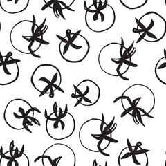 A seamless pattern featuring black hand-drawn tomatoes and star shapes on a white background. The design is simple and modern, suitable for various applications.