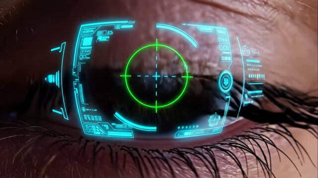 Human eye with futuristic digital interface overlay