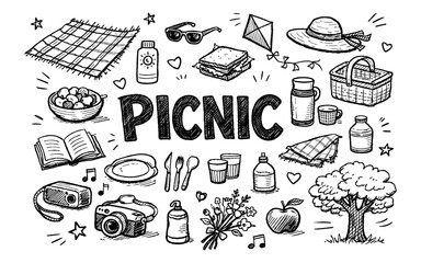 Doodle illustration of picnic essentials and the word picnic in bold letters