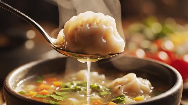 Steaming Dumpling in Spoon over Broth: Asian Comfort Food