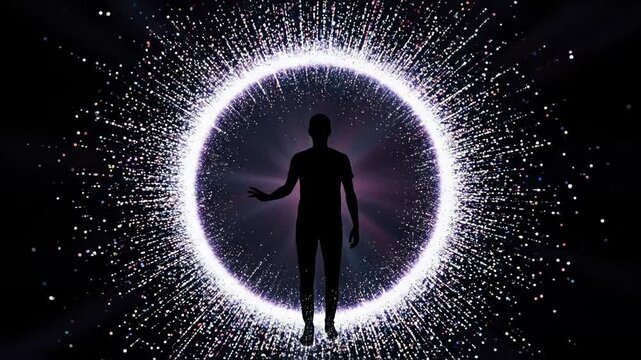 Human silhouette standing inside glowing energy circle