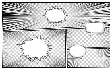 Comic book backgrounds in various radial and halftone effects. Pop art style blank templates.