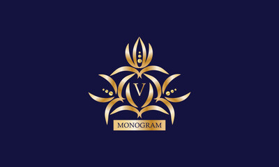 Monogram design template with letter V in the center and place for text. Elegant company branding, emblem, invitation, label, business sign.
