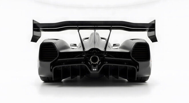 Modern prototype racing car rear view with large spoiler on whit