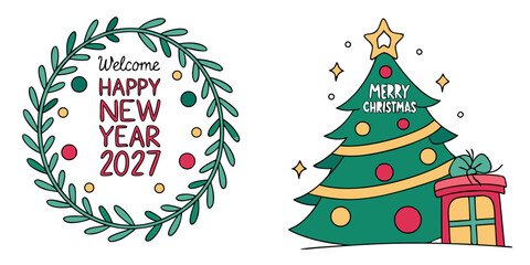 Side-by-Side Holiday Greeting Card with Ornamented Wreath and Gift-Wrapped Christmas Tree for Merry Christmas and Happy New Year 2027