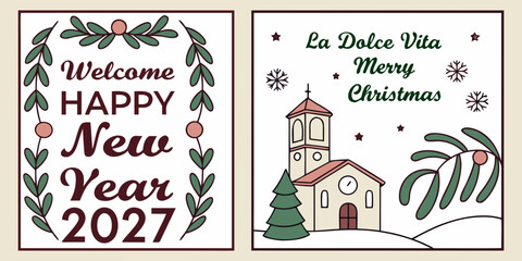 Split Holiday Greeting Card with Leafy Ornament Border and Snowy Church Scene for Merry Christmas and Happy New Year 2027