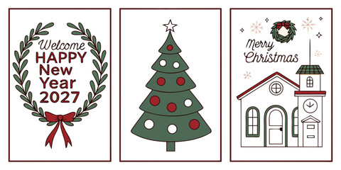 Three-Part Holiday Greeting Card with Wreath Welcome, Stylized Tree, and Snowy House Scene for Merry Christmas and Happy New Year 2027