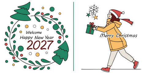 Two-Panel Holiday Greeting Card with Tree-Wreath Welcome and Gift-Walk Scene for Merry Christmas and Happy New Year 2027