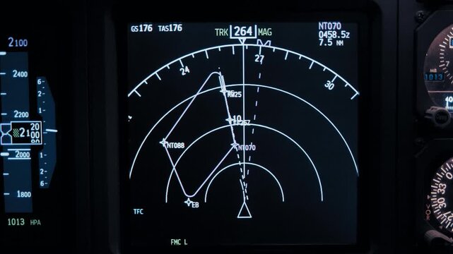 Cockpit avionics panel with flight instruments during flight