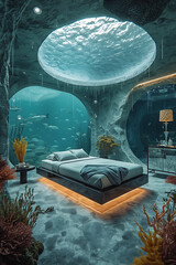 The description portrays a bedroom interior designed with modern furniture and d&eacute;cor submerged underwater.