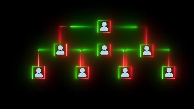 c Neon Organizational Chart Animation Showing Hierarchical Network Of Connected User Icons For Business Management And Artificial Intelligence Systems.
