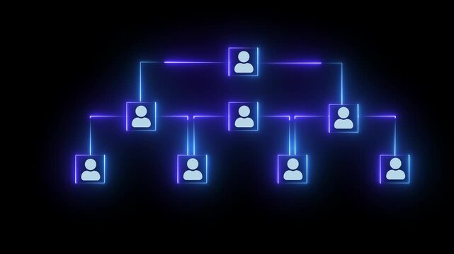 c Neon Organizational Chart Animation Showing Hierarchical Network Of Connected User Icons For Business Management And Artificial Intelligence Systems.

