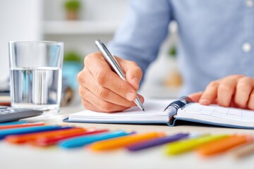 Person organizing a weekly schedule with colorful pens on a desk, writing in a planner, surrounded by a glass of water and a calculator, demonstrating effective time management