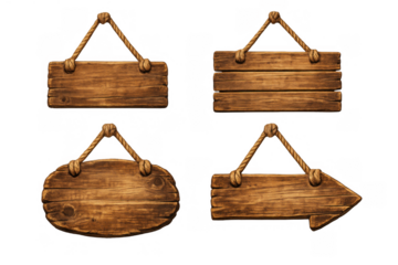 Rustic wooden signs with ropes hanging, including horizontal planks, an oval shape, and an arrow pointer, on a transparent background