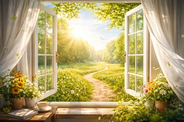 Fresh Spring Garden Viewed Through Bright Window for Renewal and Lifestyle Visuals