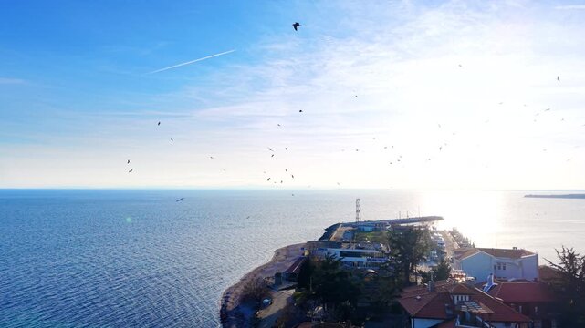 Minimalist and bright seascape featuring a large flock of seagulls soaring over the sparkling blue water near the Nesebar shore Black Sea. Aerial view.